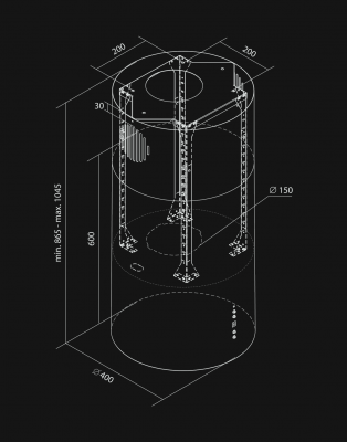 Okap wyspowy Cylindro Black Matt - Czarny Matt - Rysunek techniczny