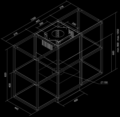 Okap wyspowy Quadro Cage Central Wood Black Matt - Czarny Matt - Rysunek techniczny