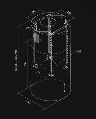 Okap wyspowy Cylindro 4LED Black Matt - Czarny Matt - Rysunek techniczny