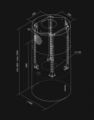 Okap wyspowy Cylindro Eco Black - Czarny połysk - Rysunek techniczny