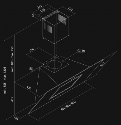 Okap kominowy Adria Black - Czarny połysk - Rysunek techniczny