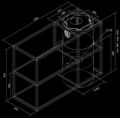 Okap wyspowy Tubo Cage Asymmetric Wood Black Matt - Czarny Matt - Rysunek techniczny
