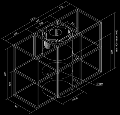 Okap wyspowy Tubo Cage Central Glass Black Matt - Czarny Matt - Rysunek techniczny