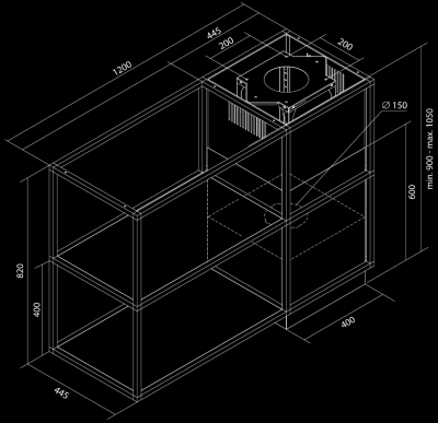 Okap wyspowy Quadro Cage Asymmetric Wood Black Matt - Czarny Matt - Rysunek techniczny