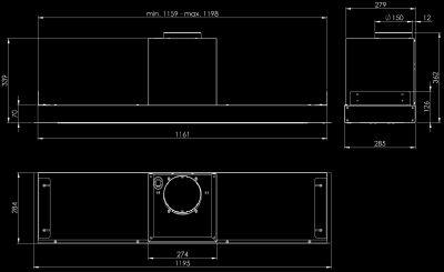 Okap podszafkowy Micra Black Matt 120 cm - Czarny Matt - Rysunek techniczny 2