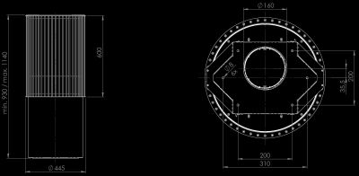 Okap wyspowy Voliera N3 Black-Black - Czarny - Rysunek techniczny