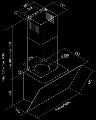 Okap kominowy Dynamic Pro Black - Czarny - Rysunek techniczny