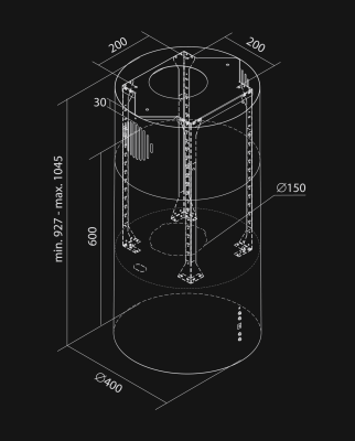 Okap wyspowy Tubo Antracyte - Antracytowy - Rysunek techniczny