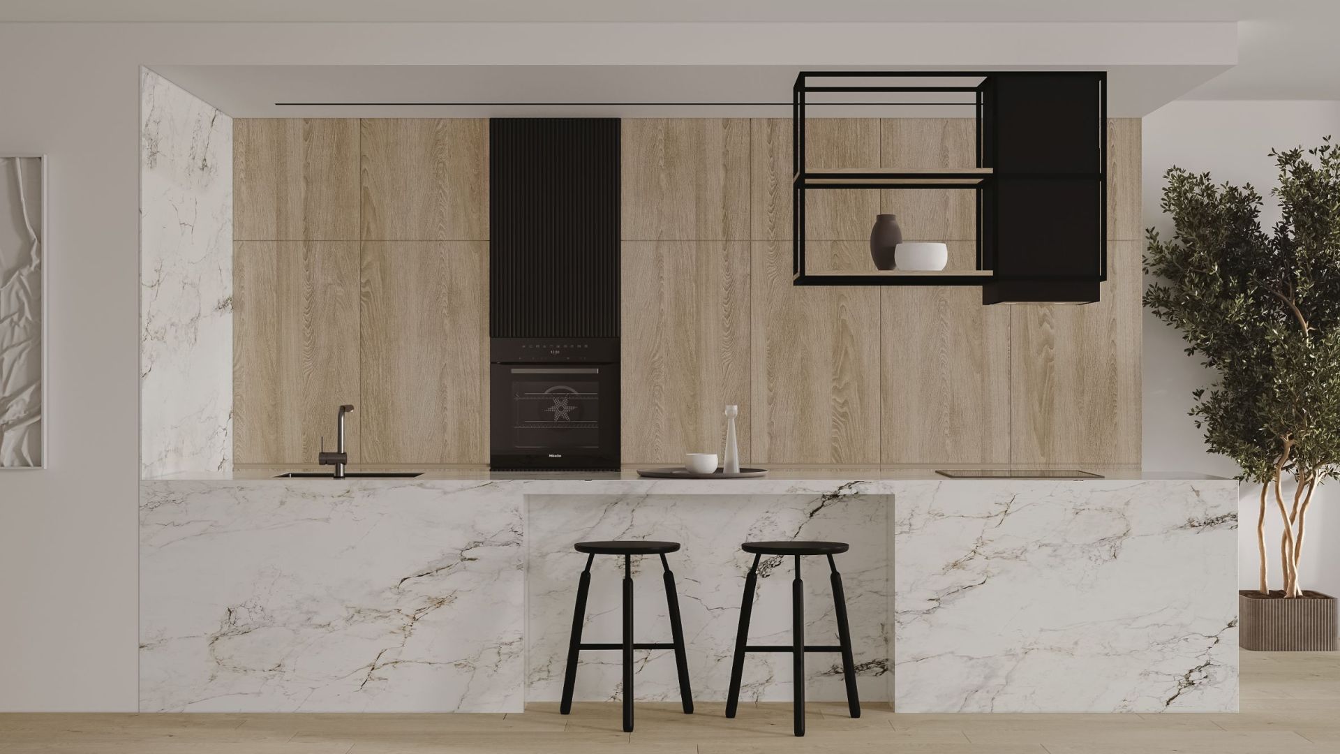 Okap wyspowy Quadro Cage Asymmetric Wood Black Matt - Czarny Matt - Wizualizacja