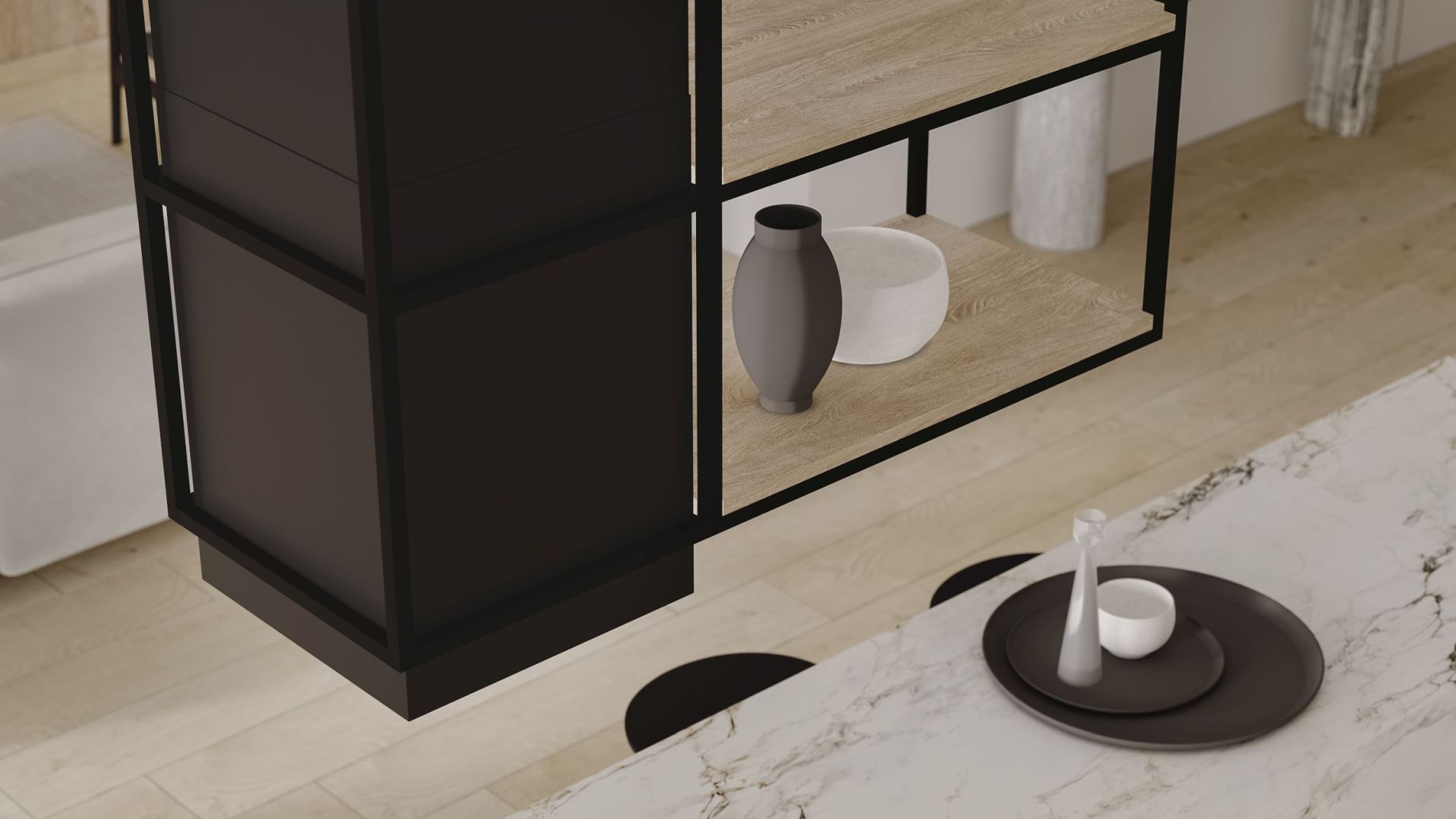 Okap wyspowy Quadro Cage Asymmetric Wood Black Matt - Czarny Matt - Wizualizacja 2