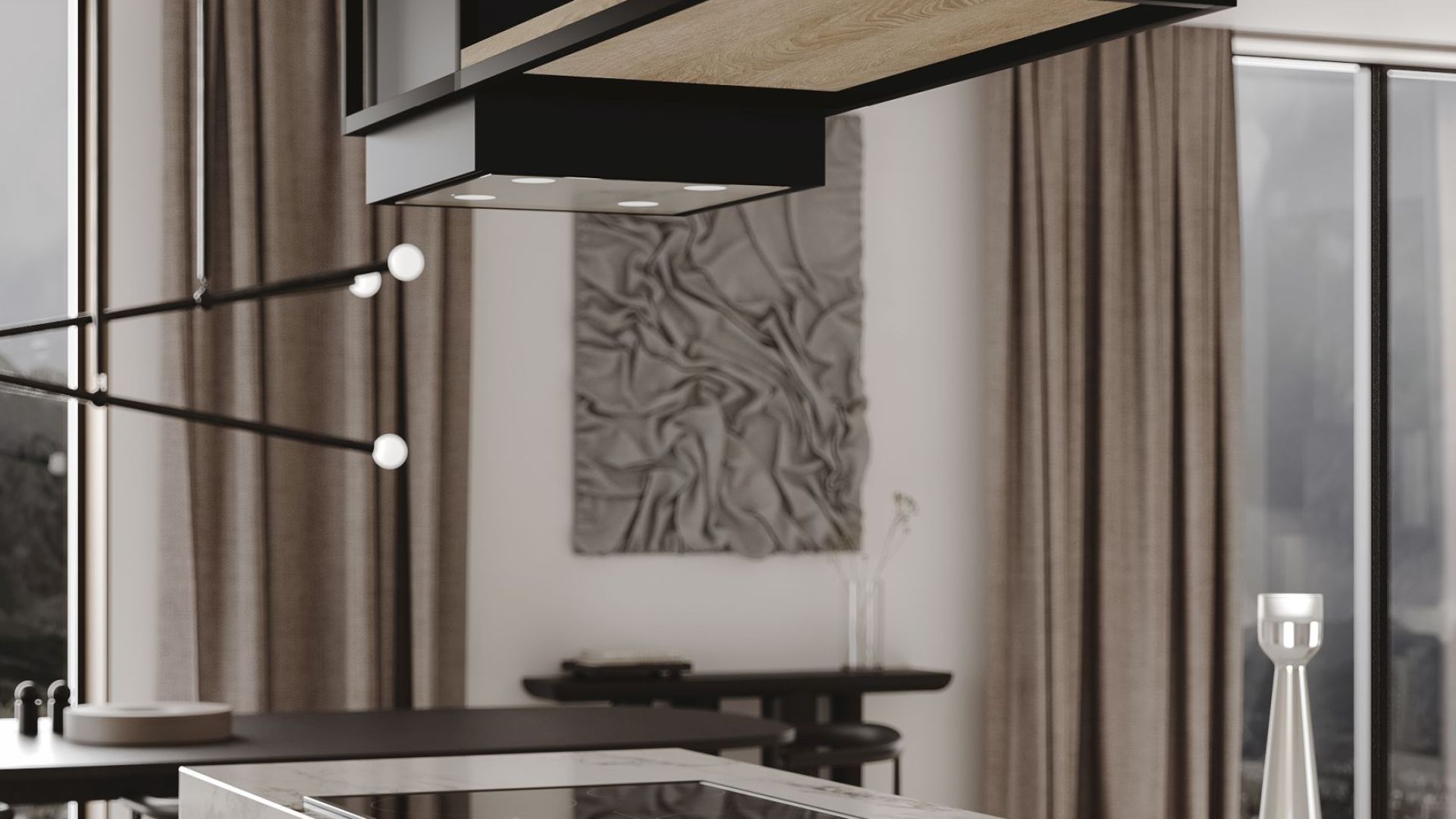 Okap wyspowy Quadro Cage Asymmetric Wood Black Matt - Czarny Matt - Wizualizacja 3