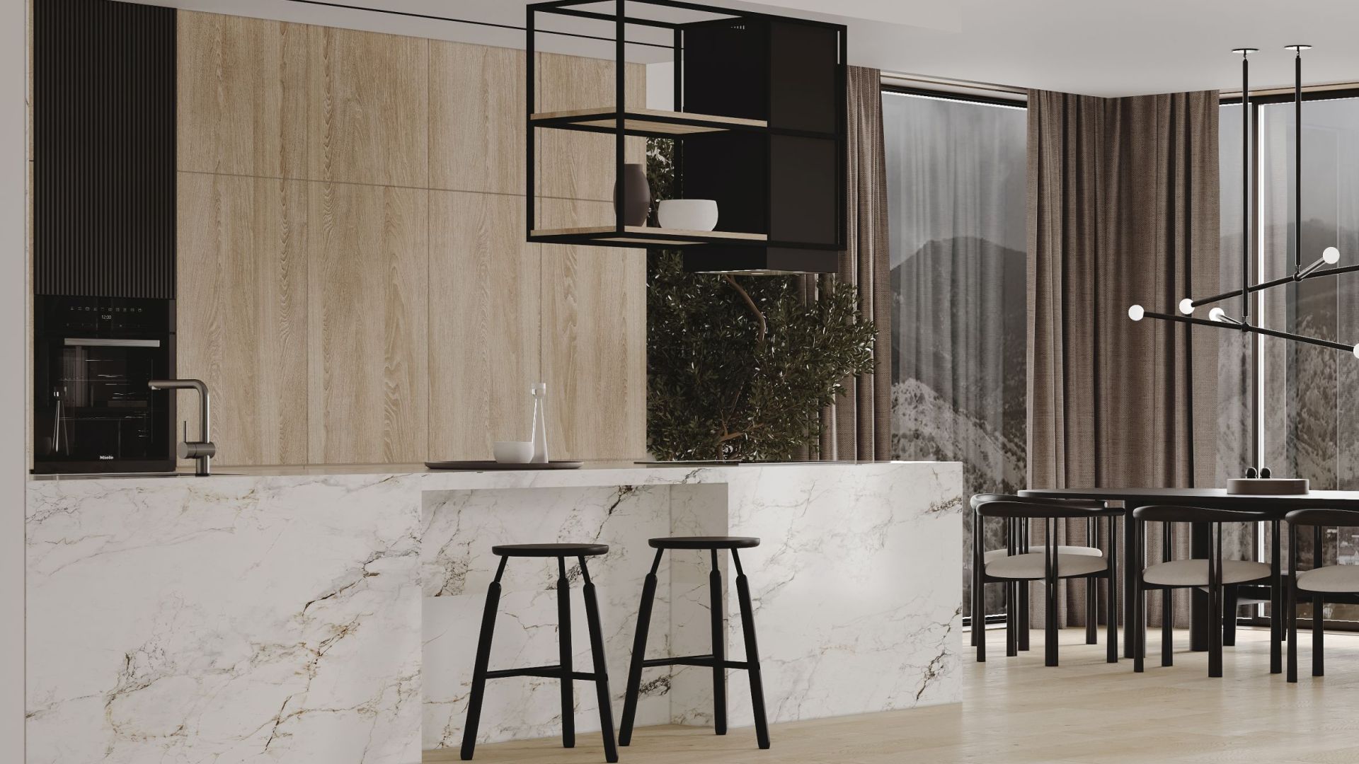 Okap wyspowy Quadro Cage Asymmetric Wood Black Matt - Czarny Matt - Wizualizacja 4